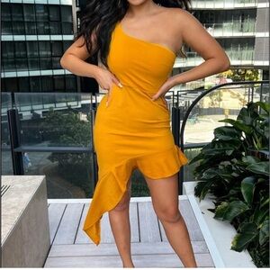 Fashion Nova One Shoulder Dress in Mustard Yellow